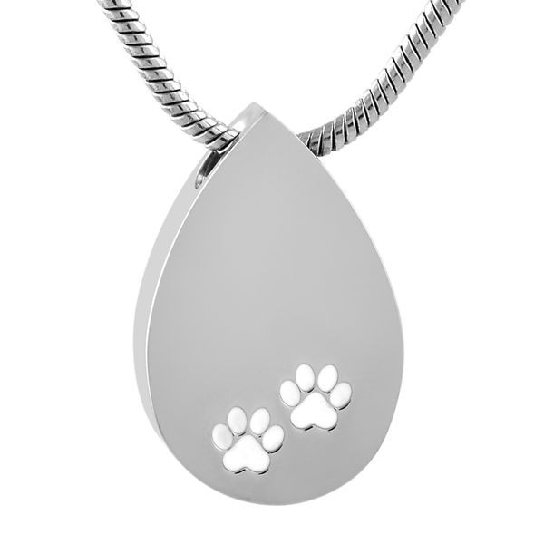 ijd9582 pet keepsake necklace engrave name - 316l stainless steel dog/cat paw print teardrop crematoon urn jewelry for ash, Silver
